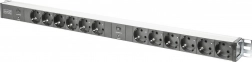 PDU power strip 19" RACK, 12x Schuko socket, 2x 2m Unischuko plug, 16A, overload, aluminum profile
