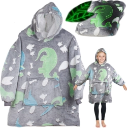 Leuchtende Kinderdecke mit Kapuze 2-in-1 – Grau mit Dinosauriern