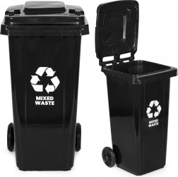 Outdoor 120 L black mixed-waste bin with rubber wheels