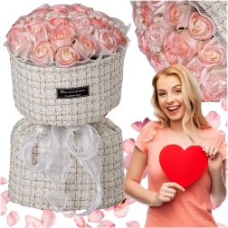 Ensemble de roses en savon roses avec LED – arrangement cadeau dans une boîte en tissu