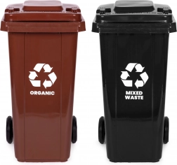 Set aus 2 Außen-Mülltonnen 2×120 l mit Gummirädern – Rest- und Bioabfall