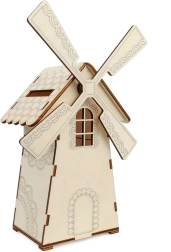 Hölzerne Spardose in Form einer Mühle mit Licht