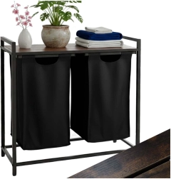 Panier à linge à deux compartiments avec étagère et plateau, design loft, 76 l