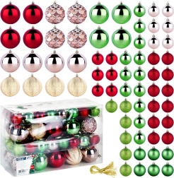 Onbreekbare kerstboomversiering 68 stuks, rood, roze, goud en groen, 8 en 5 cm