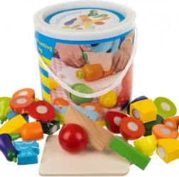 Wooden fruit and vegetable cutting set in a bucket