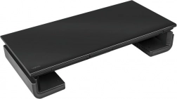 Ergonomic monitor stand with adjustable width and drawer