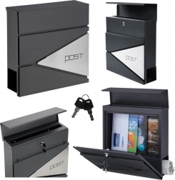 Großer anthrazitfarbener Briefkasten für Briefe und Zeitungen mit Schriftzug POST, A4-Format