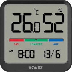 SAVIO digital thermometer and hygrometer with LCD, clock and date, magnetic holder – black