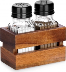 Salz- und Pfefferstreuer mit Ständer, 3-teiliges Set, Glas und Holz