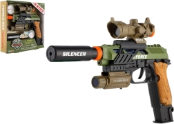 Plastic toy gun with light and sound, battery-powered, with accessories