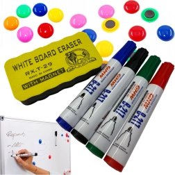 Accessory set for white magnetic board – 4 markers, magnetic eraser and colored magnets