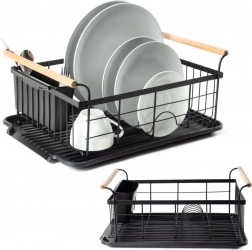 Black dish rack with wooden handles 42.5 × 29.5 × 19 cm
