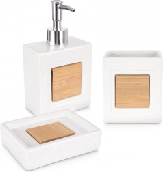 Weißes 3-teiliges Badezimmer-Set aus Dolomit mit Bambus
