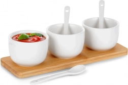 Set aus Keramikschälchen mit Löffeln auf Bambus-Tablett 90 ml, 7-teilig