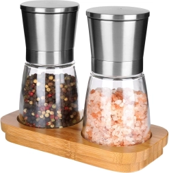 Salt and pepper mills with bamboo stand 14.5 cm, 3-piece set
