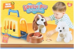 Chien en peluche avec caisse de transport et accessoires