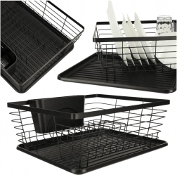 Dish rack with cutlery holder and drip tray – black