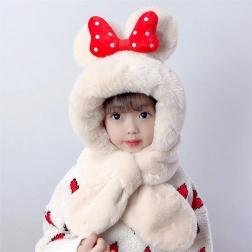 Children's plush hat with scarf for kids aged 1 to 8 - beige with red bow