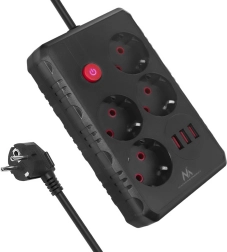 MACLEAN MCE392 Surge-Protected Power Strip, 4 Outlets and 3× USB, 1.5 m, Black