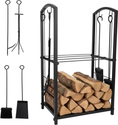 Metallständer für Kaminholz mit Werkzeug und Regalböden