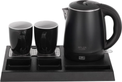Hotel electric kettle with tray and 2 cups 1 L, stainless steel