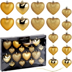 Gouden kerstornamenten hartjes, onbreekbaar, set van 16 stuks (6,5 en 4,5 cm)