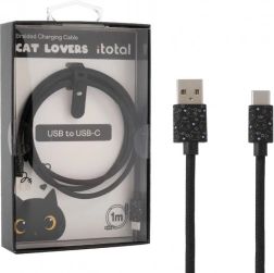 USB‑C oplaadkabel met zwarte kat en siliconen band voor lengteregeling