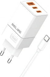 65W GaN Wall Charger 2x USB‑C + USB‑A with USB‑C Cable – White
