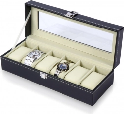 Boîte à montres noire avec couvercle vitré, 30,5 × 11,5 × 8 cm