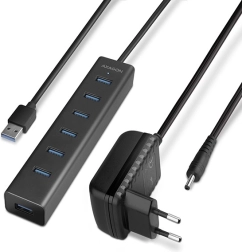 AXAGON USB 3.2 Gen 1 hub with 7 ports and charging, aluminum, with adapter