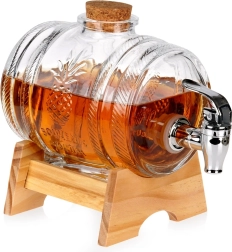 Distributeur de boissons en verre avec robinet et support en bois 1 l