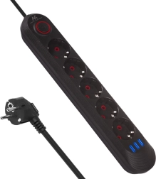 Surge-protected power strip with 5 outlets and 3× USB, 2500 W, black