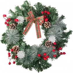 Weihnachtskranz mit Zapfen, roten Beeren und kariertem Schleifenband 30 cm