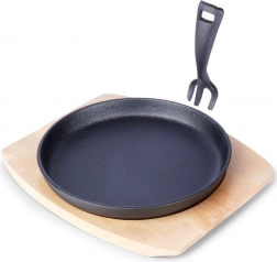 Gietijzeren serveerpan met houten plank 22 cm, 2-delige set