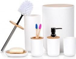Weißes 6-teiliges Badezimmer-Set mit Bambusdetails