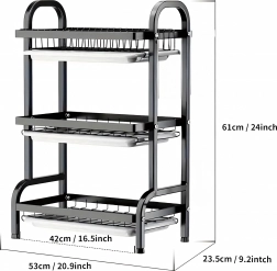 Three-tier foldable XXL dish drying rack – black stainless steel
