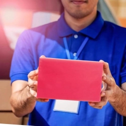 Rote Kuriertaschen aus Kunststoff mit Griffausschnitt 500 × 600 + 70 mm, 50 Stk., Aufdruck Thank You