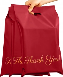 Rote Kurier-Polybeutel mit Griff 310 × 420 + 70 mm, 50 Stk., Aufdruck Thank You