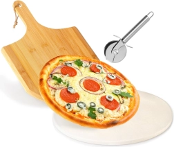 Pierre à pizza en chamotte avec pelle en bambou et coupe-pizza inox, ensemble 3 pièces