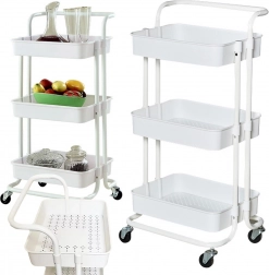 Mobiles dreistöckiges Metallregal mit tiefen Ablagen – weiß
