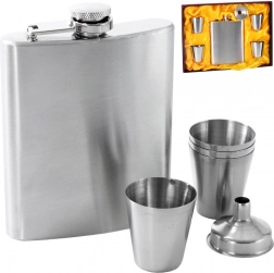 Stainless steel hip flask with funnel and four shot cups, 210 ml