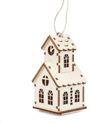 Betovering van hout middelgroot huisje – kerkje met torentje en LED-kaars