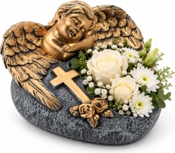 Cement cemetery flower pot with angel, dark gray and gold, 16 × 17.5 × 11 cm