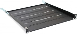 19" Rack-Fachboden 1U, 483 × 450 mm, schwarz, perforiert mit Verstellung und Stütze