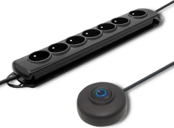 Surge-protected power strip with foot switch, 7 outlets, 1.5 m, black