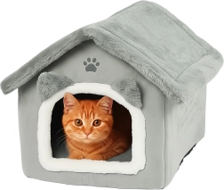 Purlov pluchen huisje en mand voor kat grijs - 1 stuk