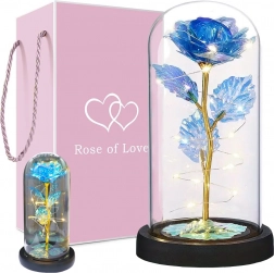 Ewige Rose in Glaskuppel mit LED-Beleuchtung – blaue dekorative Lampe und Geschenk-Arrangement