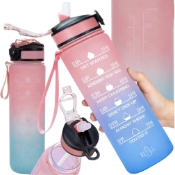 Motivations-Wasserflasche 1 l mit Strohhalm und Trink-Timer, rosa-blau