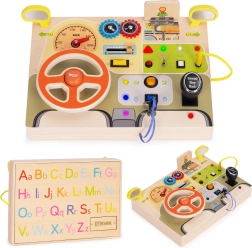 Wooden LED sensory busy board with steering wheel for children, 14 elements, ECOTOYS