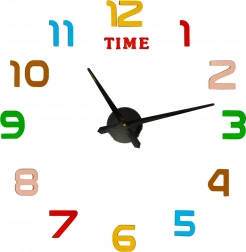 Selbstklebende DIY-Wanduhr, Durchmesser 80–90 cm, bunte Ziffern, schwarze Zeiger